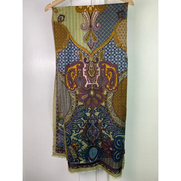 Shingora Women's Green Paisley Fringed Wool Silk Blend Rectangular Boho Scarf - Picture 6 of 6